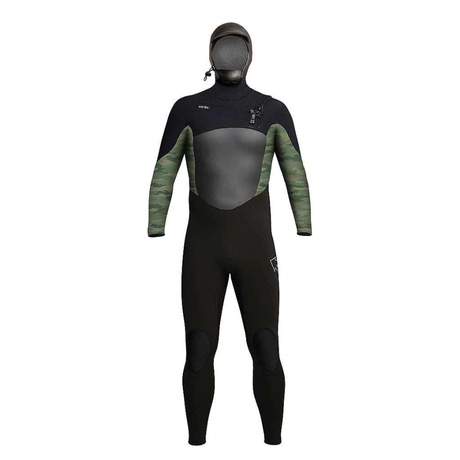 Xcel Men's Infiniti 5/4mm Hooded Full Wetsuit - Black Green Camo for Cold Water Surfing