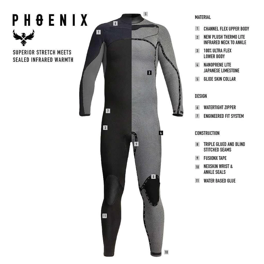 Xcel Men's Phoenix 3/2mm Full Wetsuit - Black/Graphite Neoprene Diving Suit for Surfing & Water Sports