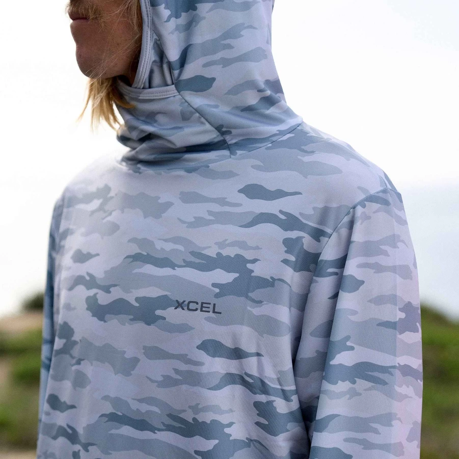 Xcel Men's White Camo Threadx Hooded Fishing Shirt with ICEskin Face Cover - Long Sleeve Pullover Sun Protection