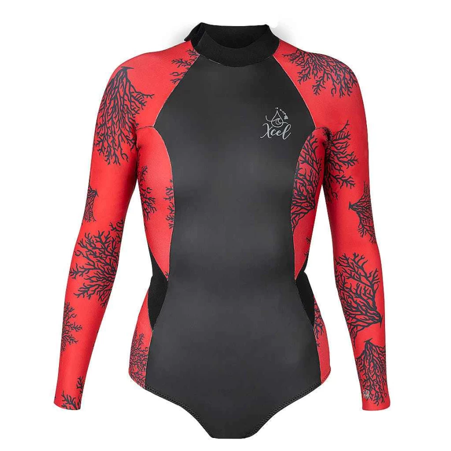 Xcel Women's Black/Red Coral Print Ocean Ramsey Water Inspired 2mm Long Sleeve Back Zip Springsuit Wetsuit