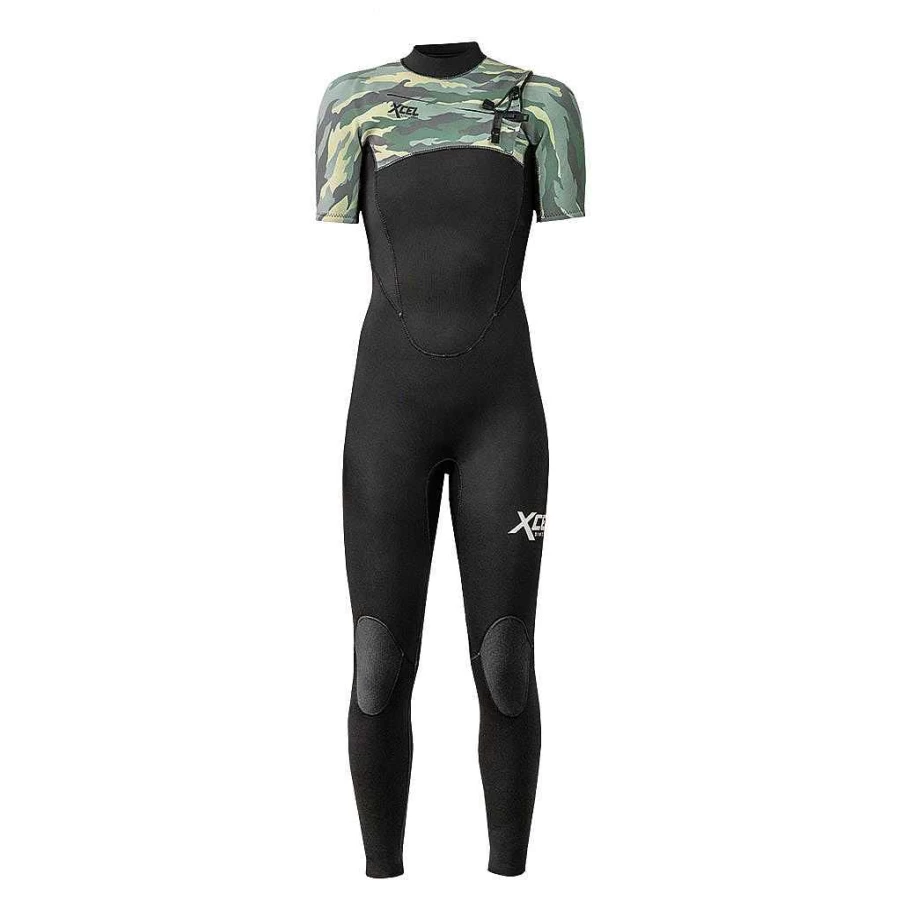 Xcel Youth 2mm Short Sleeve Full Wetsuit - Black/Green Camo Surfing Suit for Kids