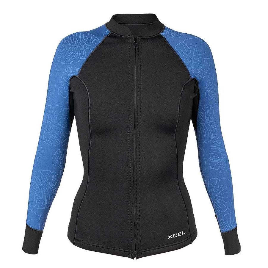 Xcel Women's Axis 1.5mm Long Sleeve Front Zip Jacket - Black/Sapphire Monstera Print Wetsuit Top