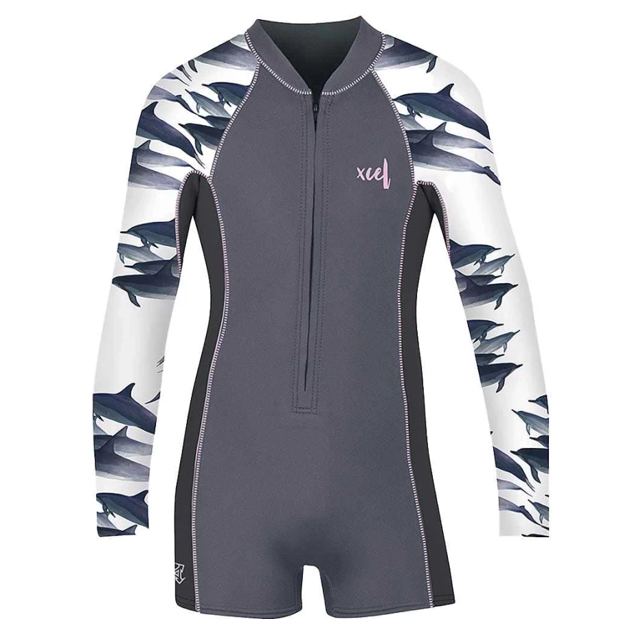 Xcel Youth Girls Graphite Dolphin Print 2/1mm Long Sleeve Front Zip Springsuit Ocean Ramsey Water Inspired Wetsuit
