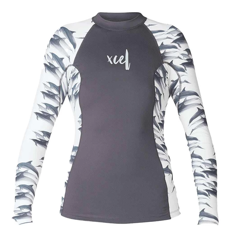 Youth Xcel Premium UV Protection Long Sleeve Top - Gunmetal Dolphin Print Ocean Ramsey Inspired Surf Shirt
