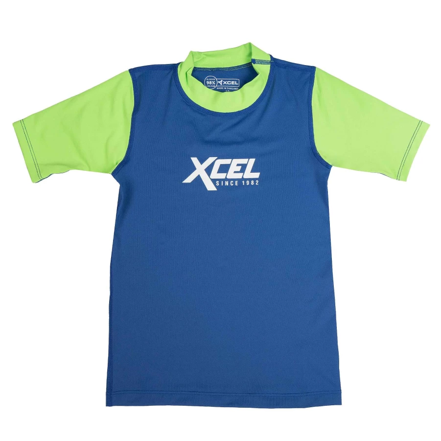 Xcel Youth Premium Stretch Color Block Short Sleeve UV Protection Top - Sapphire/Lime Green Performance Fit