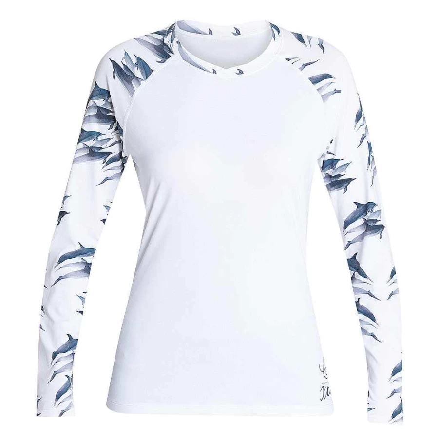 Xcel Women's White Dolphin Print UV Protection Long Sleeve VentX Relaxed Fit Ocean Ramsey Inspired Surf Top