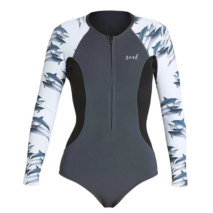 Xcel Women's Gunmetal/Dolphin 1.5mm Front Zip Springsuit - Ocean Ramsey Inspired Long Sleeve Wetsuit