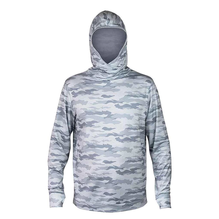 Xcel Men's White Camo Threadx Hooded Fishing Shirt with ICEskin Face Cover - Long Sleeve Pullover Sun Protection