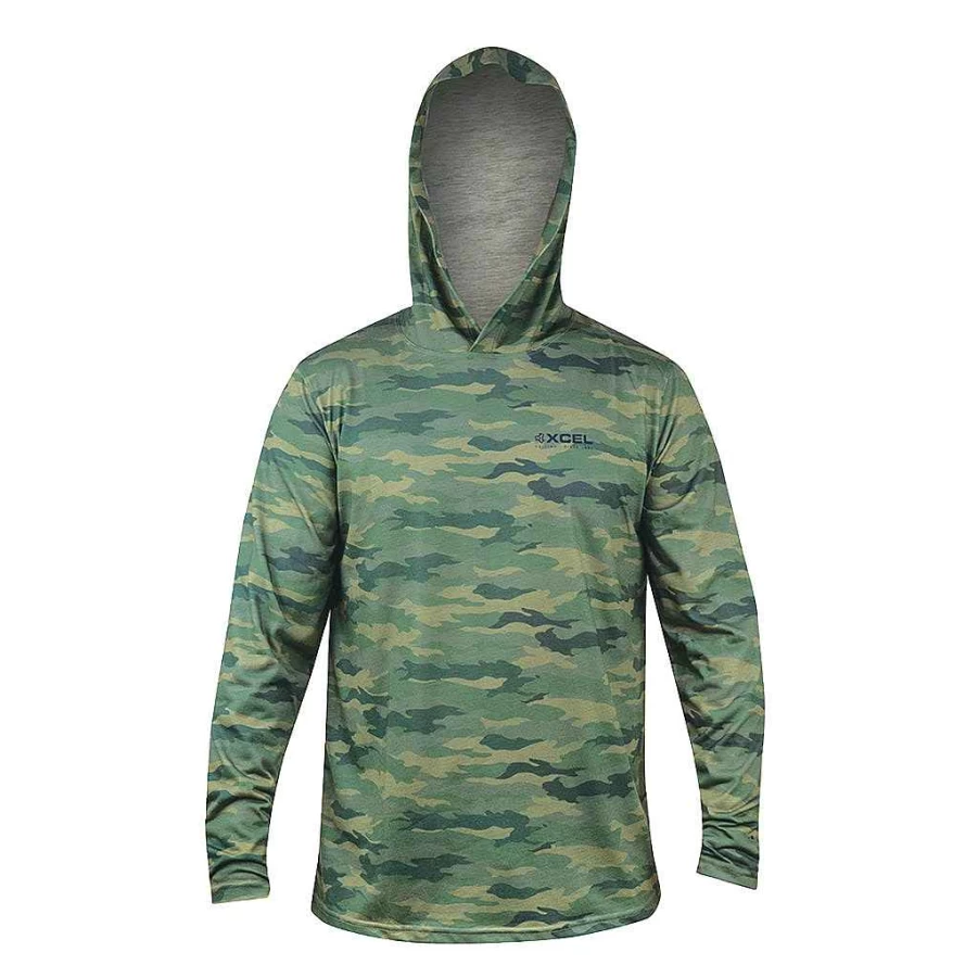 Xcel Men's Green Camo Hawaiian Hooded Long Sleeve UV Protection Shirt
